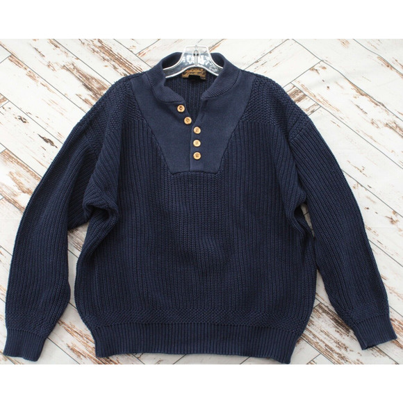 Vintage Eddie Bauer Sweater Men Small Blue Knit Henley Mock
